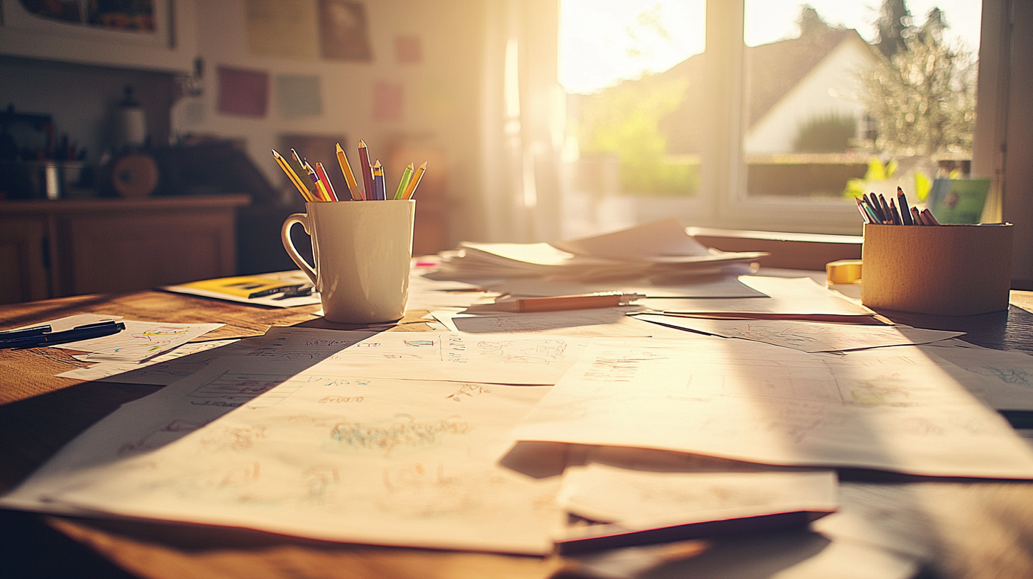 Family at kitchen table with printed documents