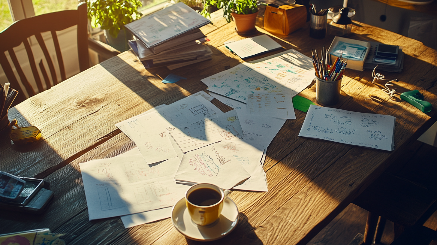 Family moment at kitchen table with printed documents
