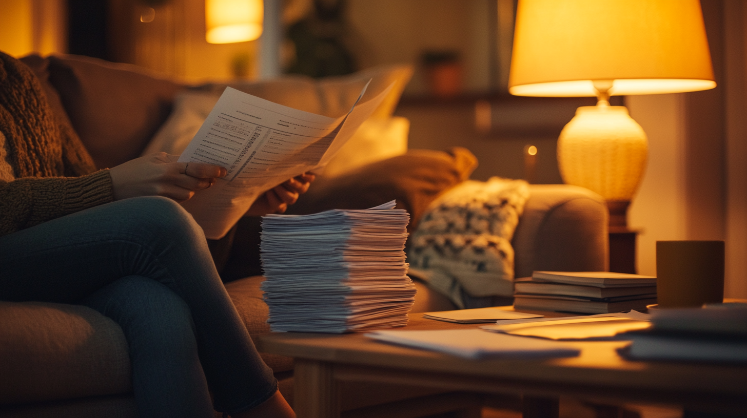 Person relaxed on sofa reading printed document